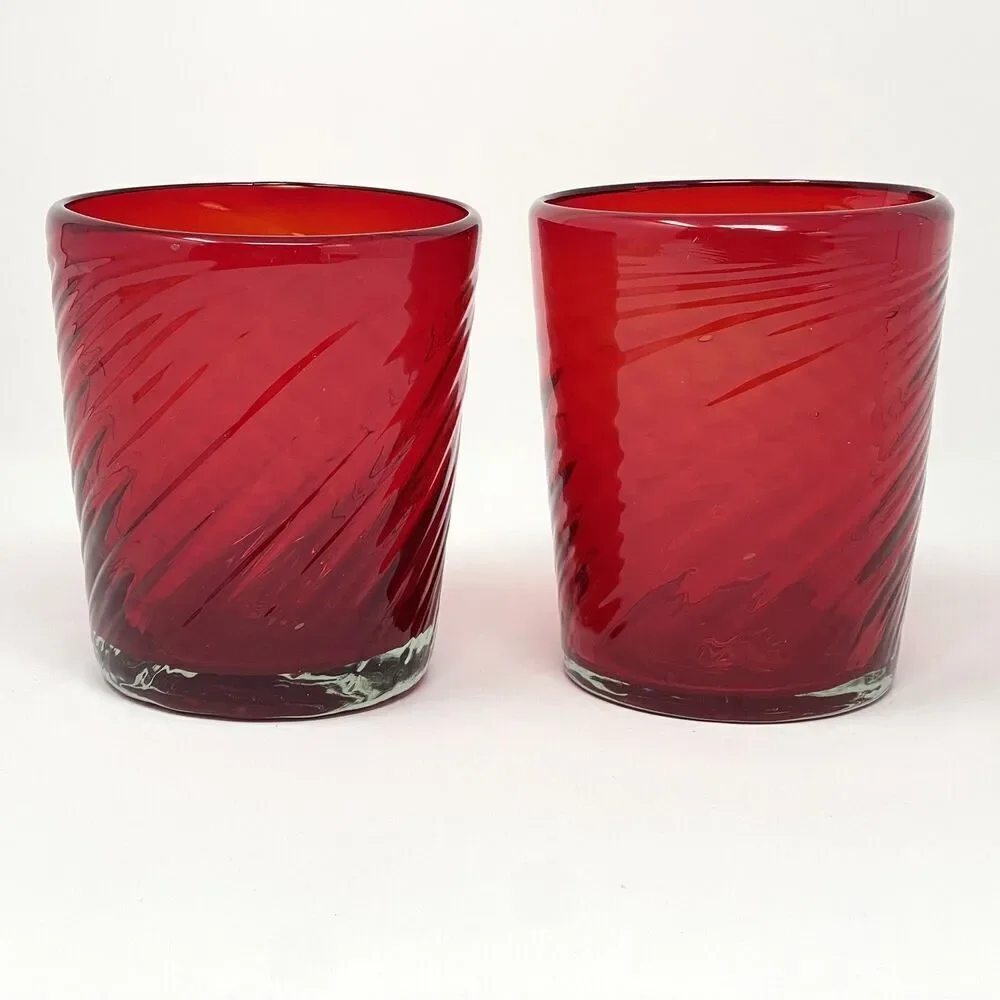 Handblown VALENCIA Garnet Ruby Red Optic Twist Tumbler Glasses 3.75” Set Of 2